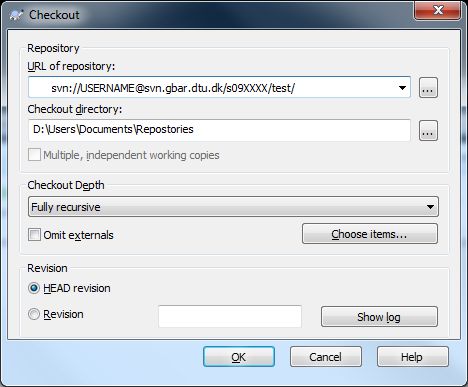 Tortoise Checkout dialog box. Note the SVN url
