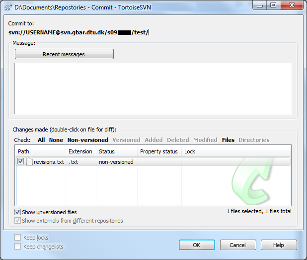 Tortoise commit dialog box.